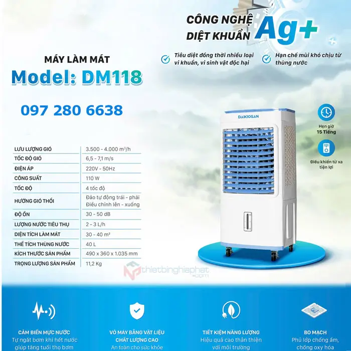 Máy làm mát Daikiosan DM118 14 Máy làm mát Daikiosan DM118 công nghệ kháng khuẩn Ion bạc