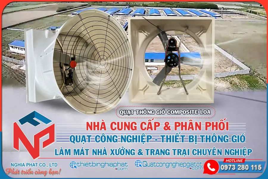 Quạt thông gió composite loa 1460 x 1460 dây đai mắc xích 25 Nghĩa Phát phân phối Quạt composite loa 3 cánh nhôm đúc chuyên nghiệp