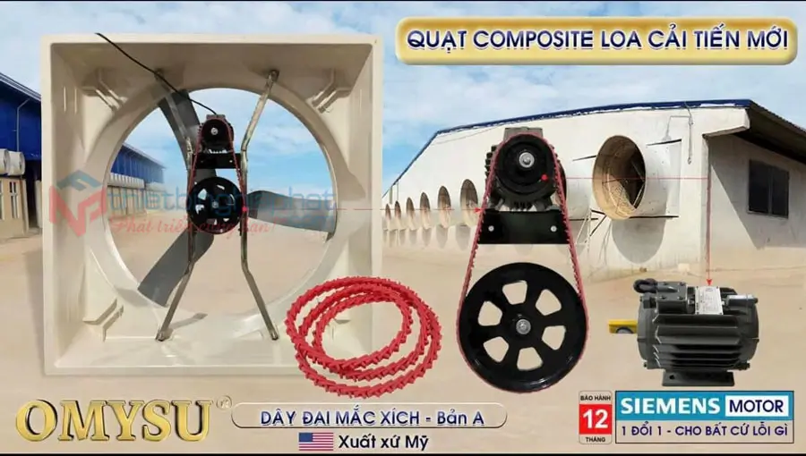 Quạt thông gió composite loa 3 cánh nhôm đúc BMF-1460 33 Quạt composite loa 1460x1460 dây đai mắc xích USA cải tiến