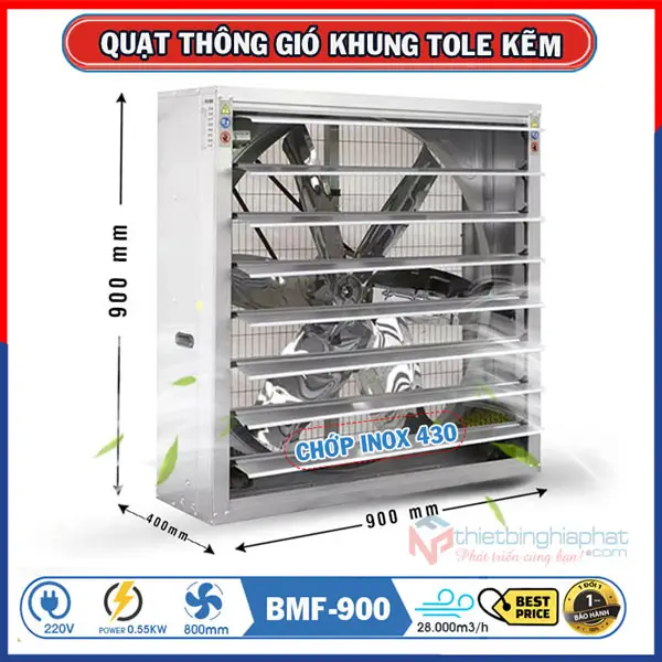 Quạt thông gió vuông 900x900 BMF-900 khung tole kẽm 13 Quạt thông gió vuông tole kẽm 900x900x400mm BMF-900 chớp INOX