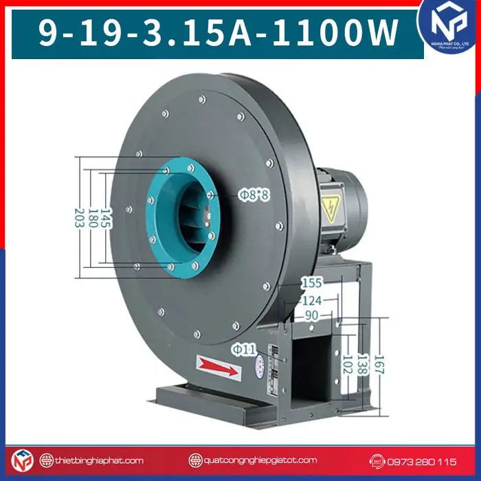 Quạt ly tâm cao áp 9-19-3.15A-1.1KW 15 Kích thước Quạt ly tâm cao áp 9-19-3.15A-1.1KW