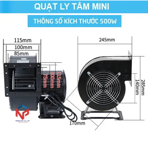 Quạt hút ly tâm mini 500W 14 Thông số kích thước Quạt hút li tâm mini 500W