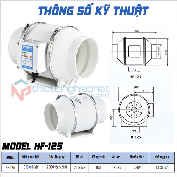 Quạt hút mùi nối ống phi 125 18 Thông số kỹ thuật Quạt hút mùi nối ống phi 125