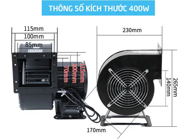 Quạt hút ly tâm mini 400W 16 Thông số kích thước Quạt hút li tâm mini 400W