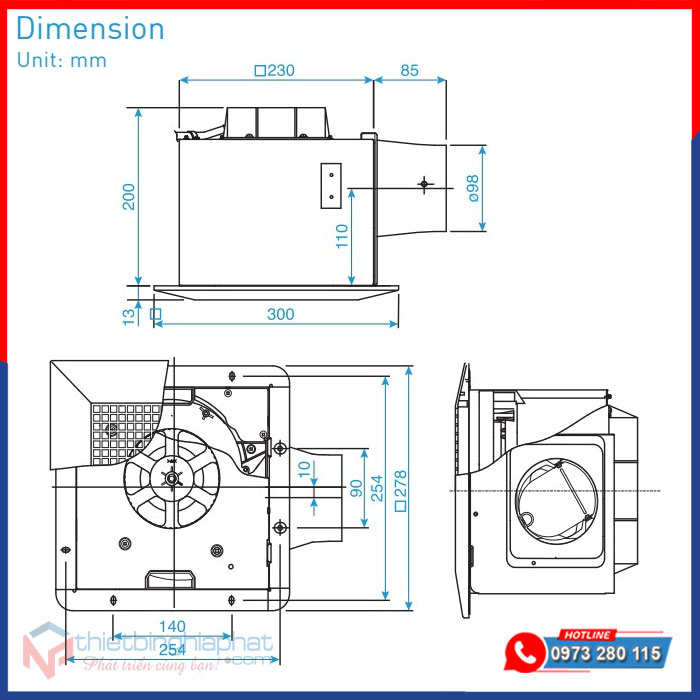 Quạt hút âm trần Panasonic FV-24CD9 có ống 13 Kích thước Quạt hút âm trần Panasonic FV-24CD9 có ống