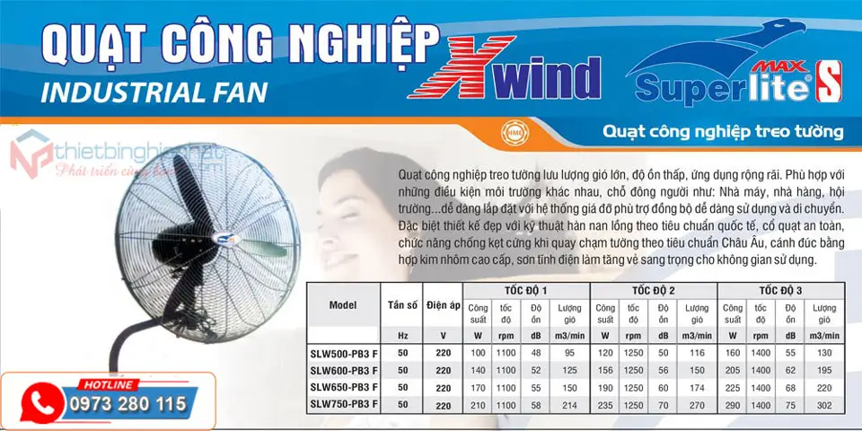 Quạt công nghiệp treo tường Superlite Max SLW 650 17 Quạt treo tường Superlite max có nhiều size lựa chọn 500 đến 750mm