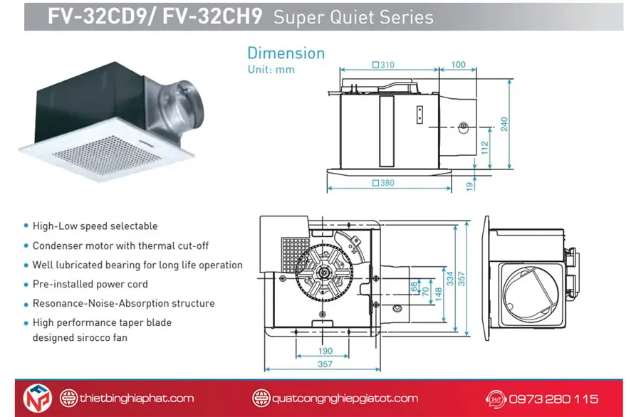 Quạt hút âm trần Panasonic FV-32CD9 có ống 9 Kích thước sản phẩm Quạt hút Panasonic FV32CD9/FV-32CH9