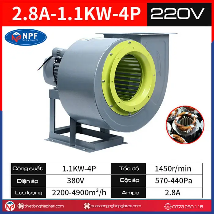Quạt ly tâm hút khói bếp CF 2.8A-1.1Kw 21 Quạt ly tâm CF 2.8A-1.1Kw điện áp 220V