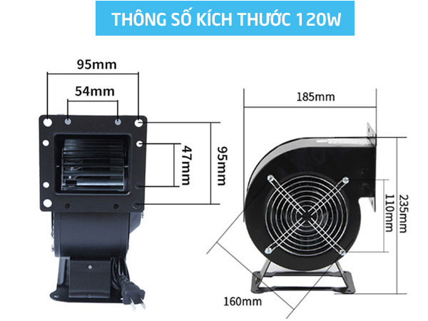Quạt hút ly tâm mini 120W 17 Kích thước Quạt hút li tâm mini 120W