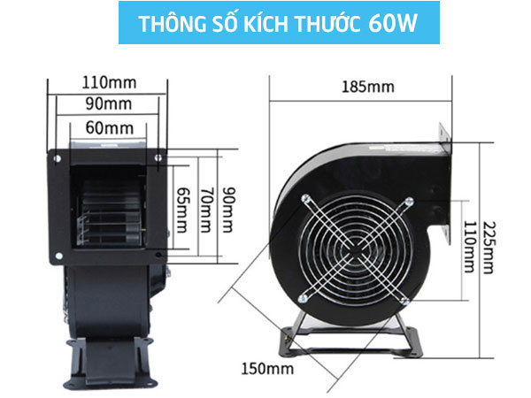 Quạt hút ly tâm mini 60W 18 Kích thước Quạt hút li tâm mini 60W