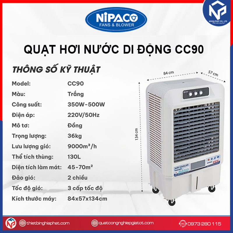 Máy làm mát không khí Nipaco CC90 - 500W 130L 16 Quạt hơi nước Nipaco CC90 500W